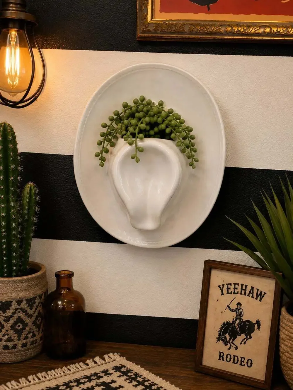 Vintage White Ceramic Western Cowboy Hanging Wall Pocket Vase Planter